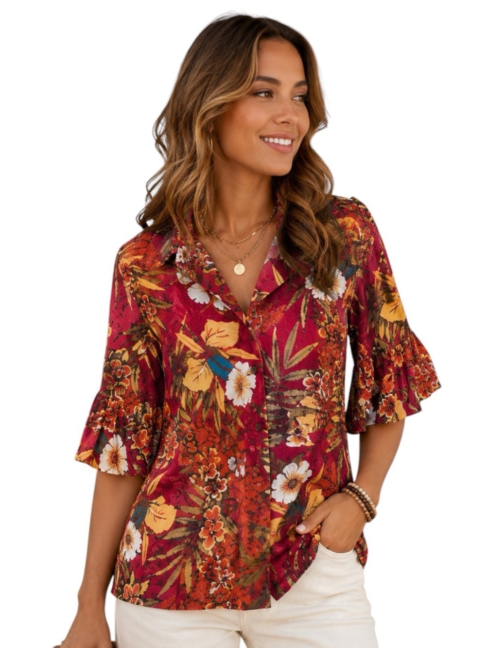 CHICOS | Red Tropical Floral Blouse EUC Size 3 typically fits US XL (16/18)